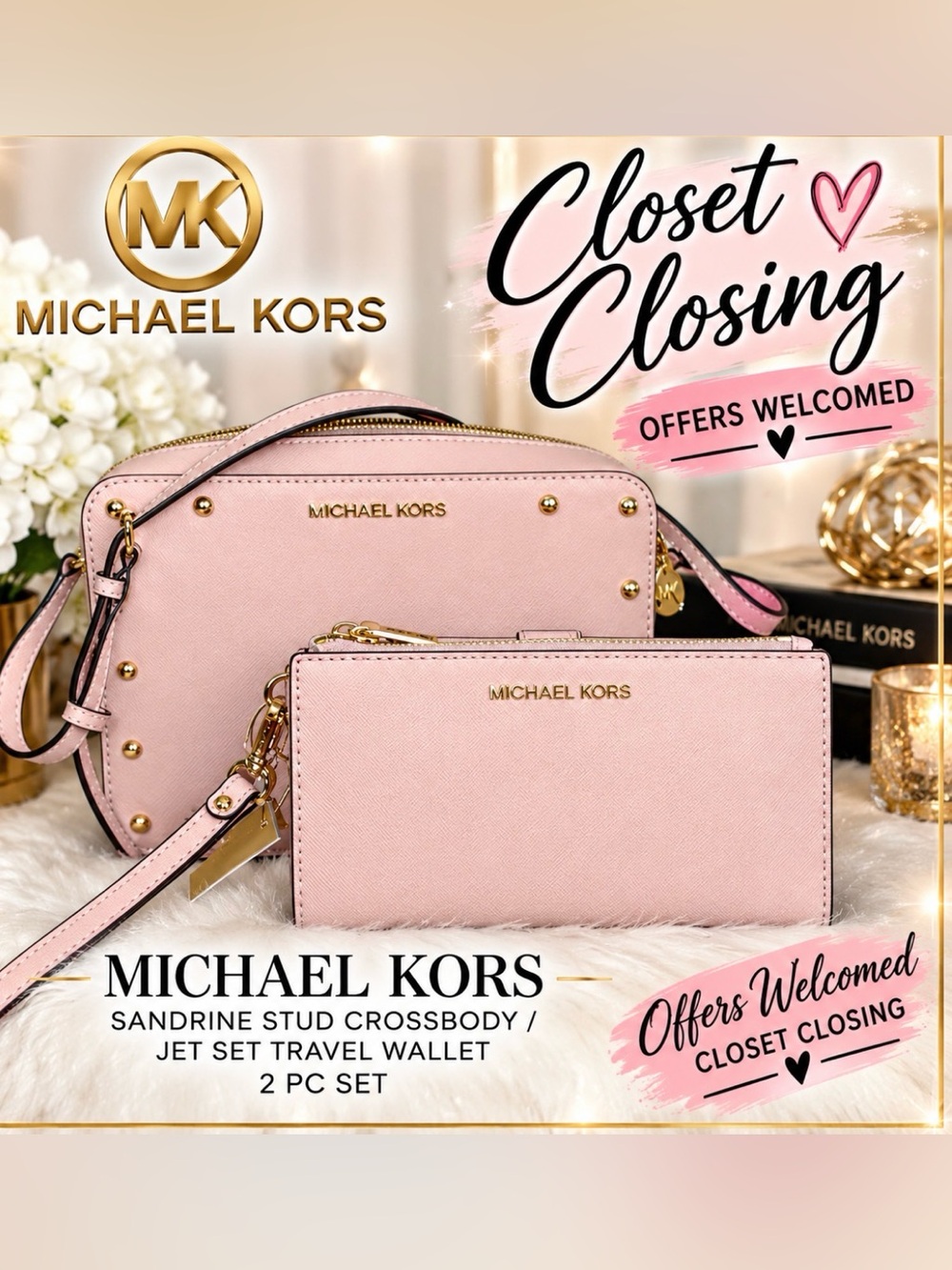 Michael Kors SANDRINE STUD Crossbody/JET SET TRAVEL Wallet 2pc Set